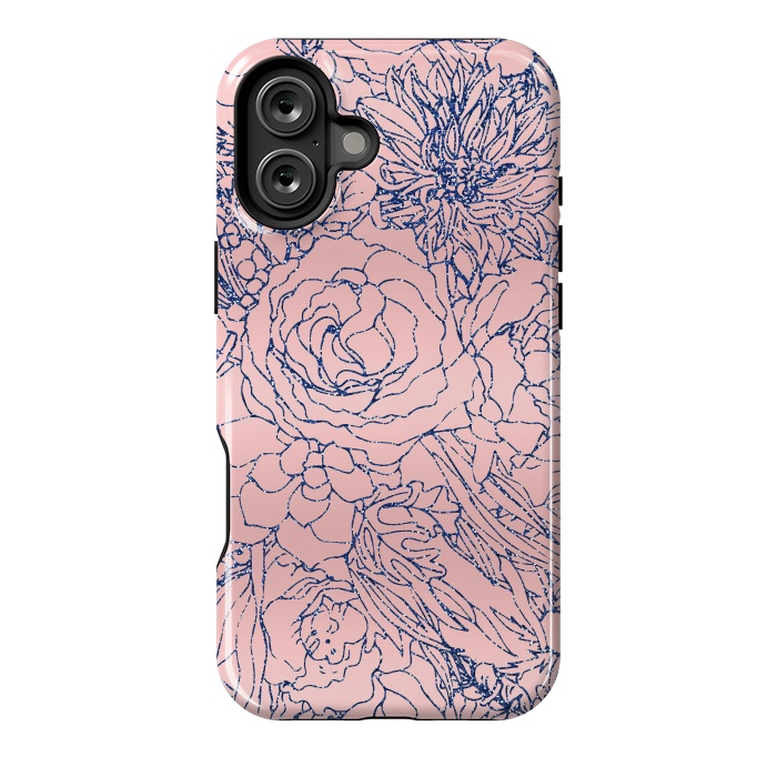 iPhone 16 Plus StrongFit Stylish Metallic Navy Blue and Pink Floral Design by InovArts