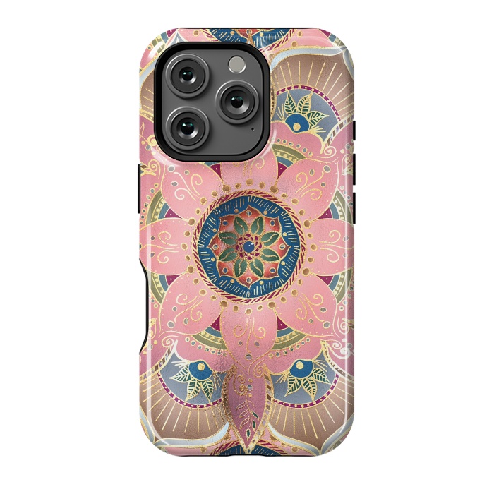 iPhone 16 Pro StrongFit Trendy Metallic Gold and Pink Mandala Design by InovArts