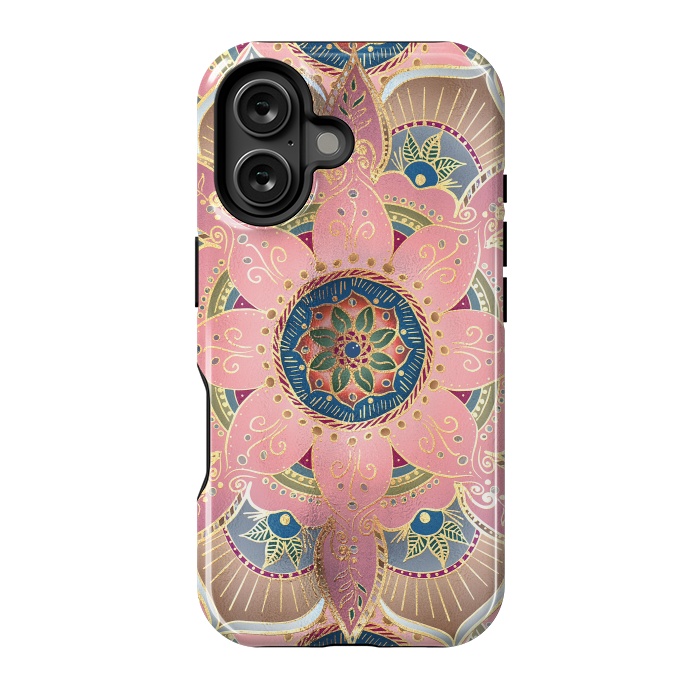 iPhone 16 StrongFit Trendy Metallic Gold and Pink Mandala Design by InovArts