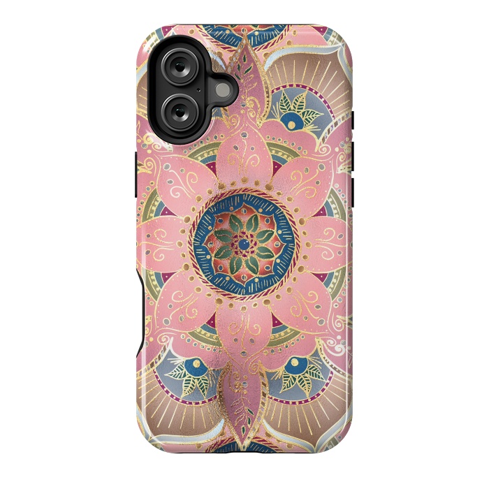 iPhone 16 Plus StrongFit Trendy Metallic Gold and Pink Mandala Design by InovArts