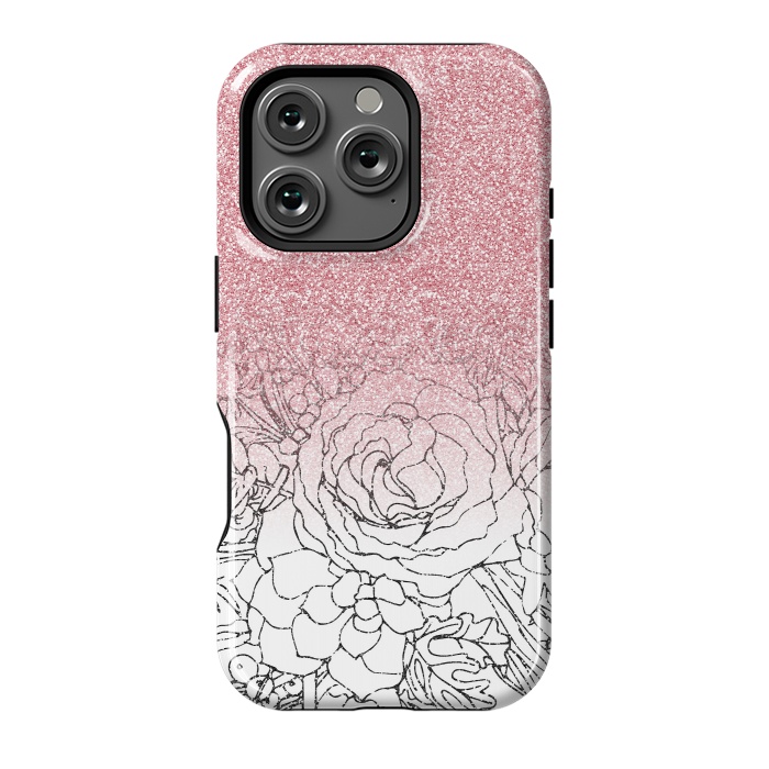 iPhone 16 Pro StrongFit Elegant Floral Doodles Pink Gradient Glitter Image by InovArts