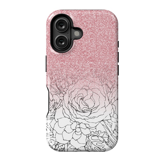 iPhone 16 StrongFit Elegant Floral Doodles Pink Gradient Glitter Image by InovArts