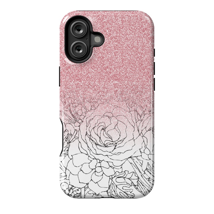 iPhone 16 Plus StrongFit Elegant Floral Doodles Pink Gradient Glitter Image by InovArts