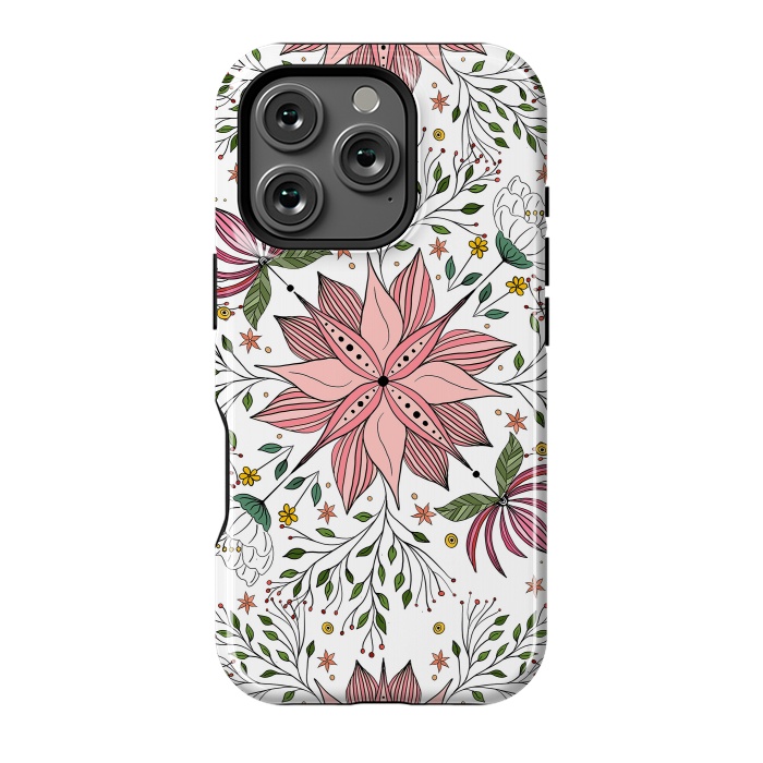 iPhone 16 Pro StrongFit Cute Vintage Pink Floral Doodles Tile Art by InovArts