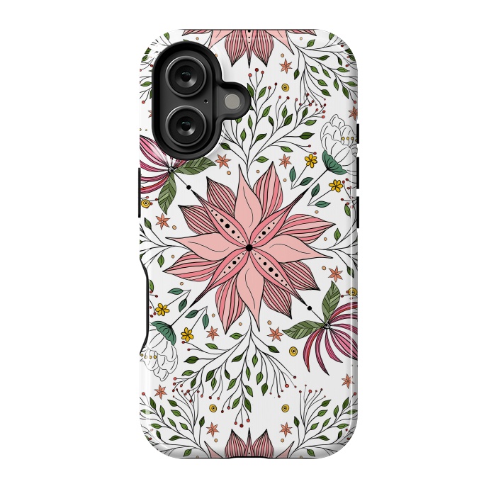 iPhone 16 StrongFit Cute Vintage Pink Floral Doodles Tile Art by InovArts