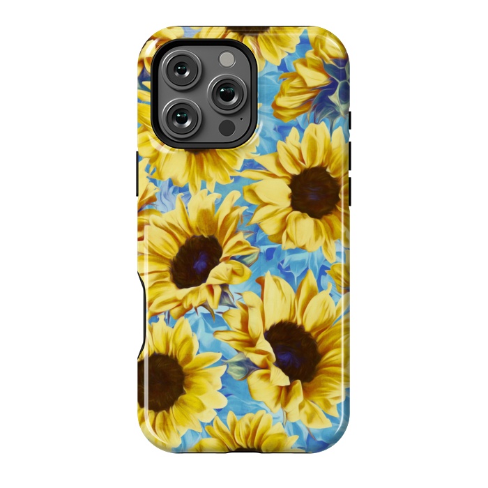 iPhone 16 Pro Max StrongFit Dreamy Sunflowers on Blue by Micklyn Le Feuvre