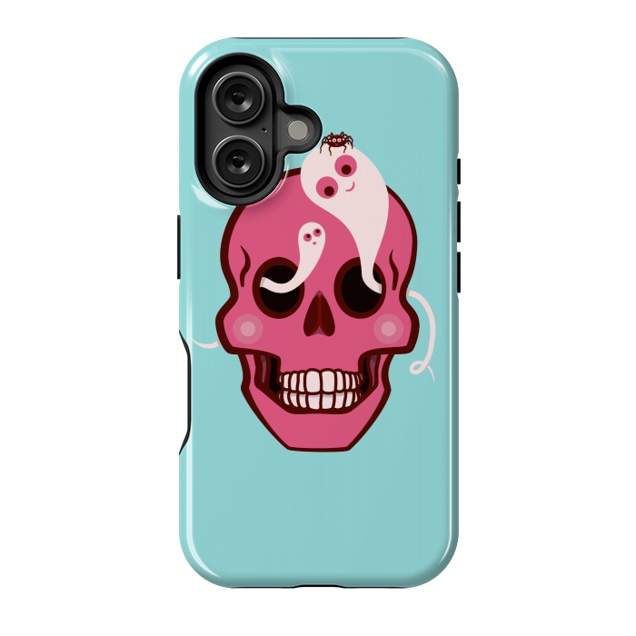 iPhone 16 StrongFit Cute Pink Skull With Spider And Ghosts In Eyes by Boriana Giormova