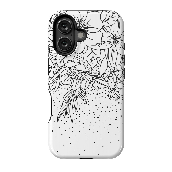 iPhone 16 StrongFit Cute Black White floral doodles and confetti design by InovArts