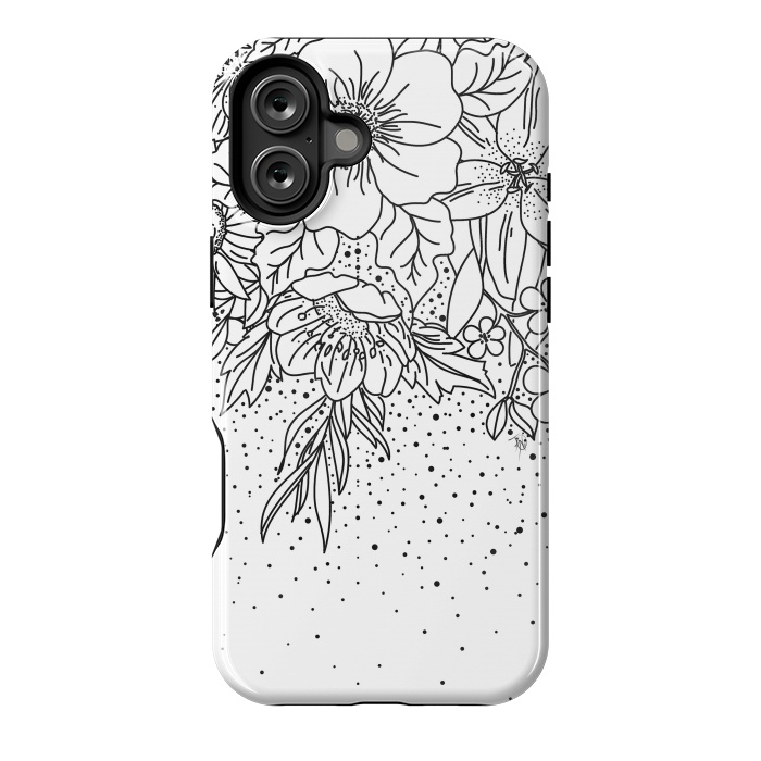 iPhone 16 Plus StrongFit Cute Black White floral doodles and confetti design by InovArts