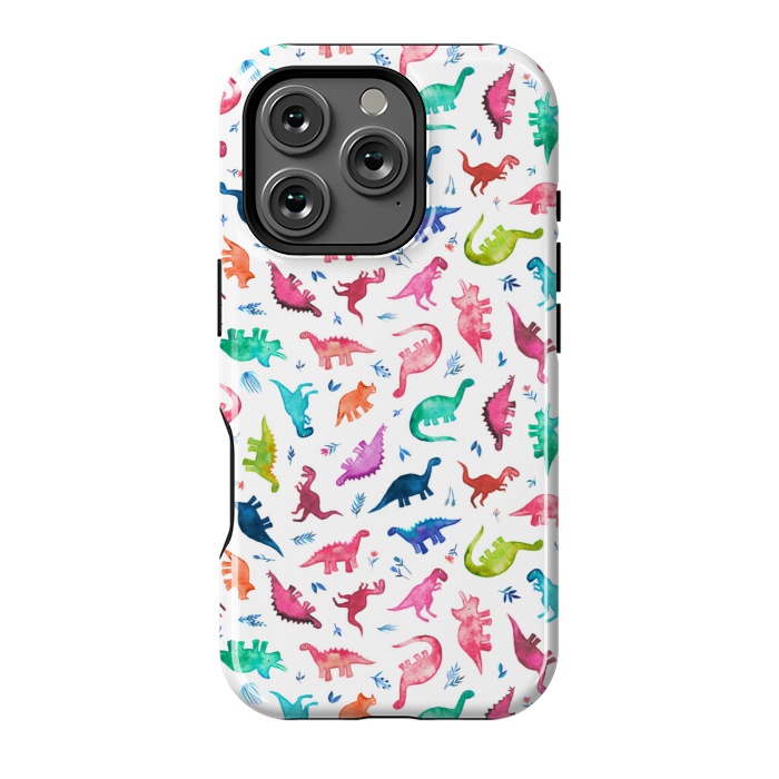 iPhone 16 Pro StrongFit Tiny Ditsy Watercolor Dinosaurs in Rainbow Colors by Micklyn Le Feuvre