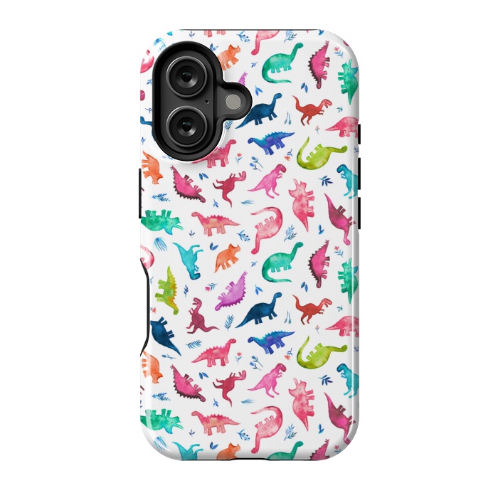 iPhone 16 StrongFit Tiny Ditsy Watercolor Dinosaurs in Rainbow Colors by Micklyn Le Feuvre