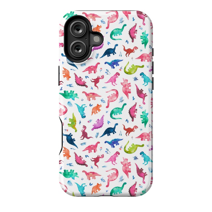 iPhone 16 Plus StrongFit Tiny Ditsy Watercolor Dinosaurs in Rainbow Colors by Micklyn Le Feuvre