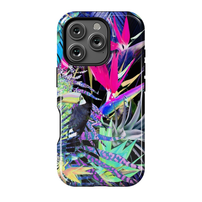 iPhone 16 Pro StrongFit Colorful neon toucan and strelitzia jungle pattern by Oana 