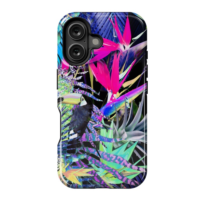 iPhone 16 StrongFit Colorful neon toucan and strelitzia jungle pattern by Oana 