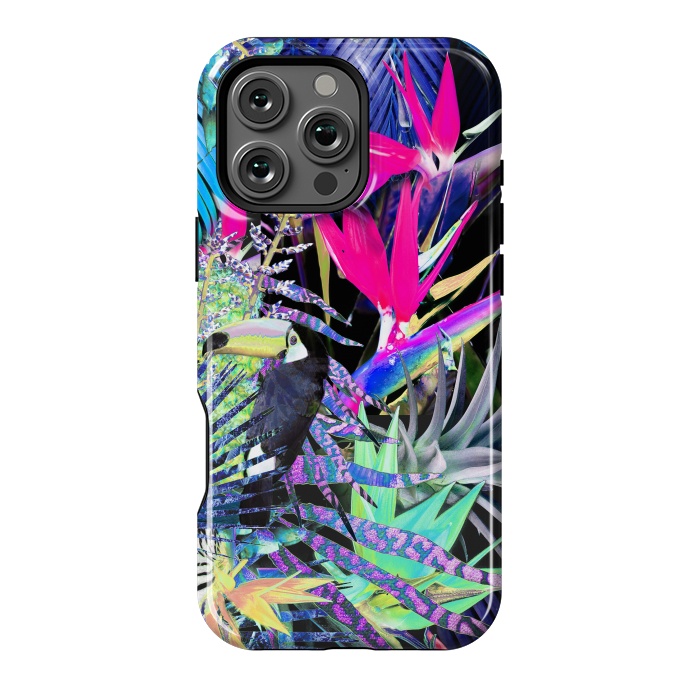 iPhone 16 Pro Max StrongFit Colorful neon toucan and strelitzia jungle pattern by Oana 