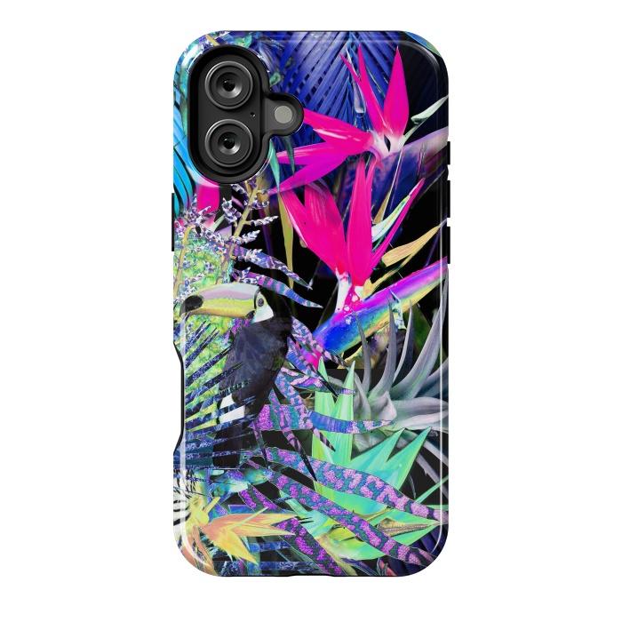 iPhone 16 Plus StrongFit Colorful neon toucan and strelitzia jungle pattern by Oana 