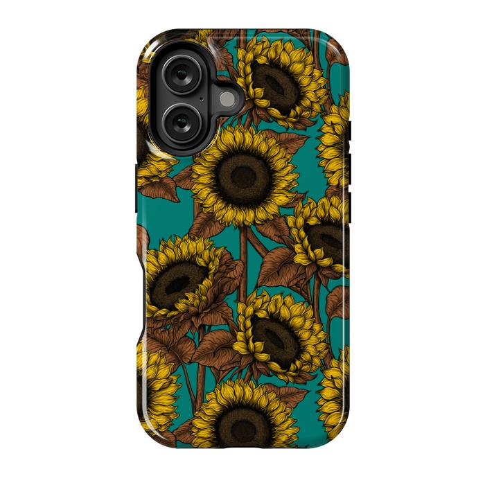 iPhone 16 StrongFit Sunflowers on turquoise by Katerina Kirilova