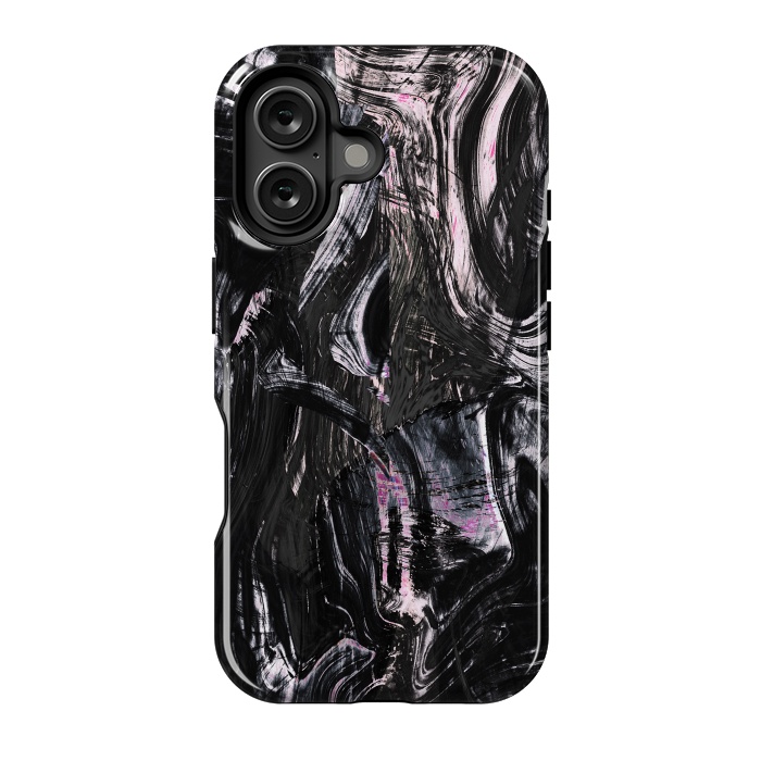 iPhone 16 StrongFit Brushed black pink ink marble by Oana 