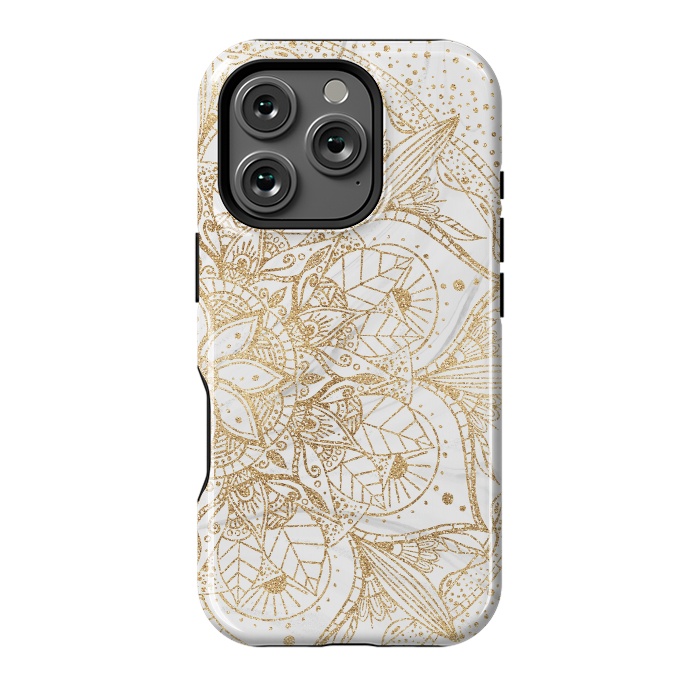 iPhone 16 Pro StrongFit Trendy Gold Floral Mandala Marble Design by InovArts