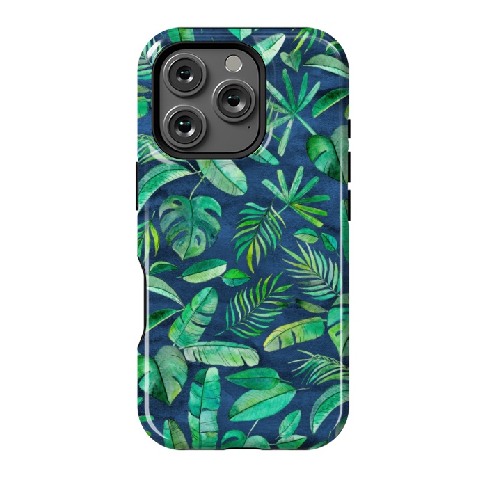 iPhone 16 Pro StrongFit Emerald Tropical Leaf Scatter on textured Navy Blue by Micklyn Le Feuvre