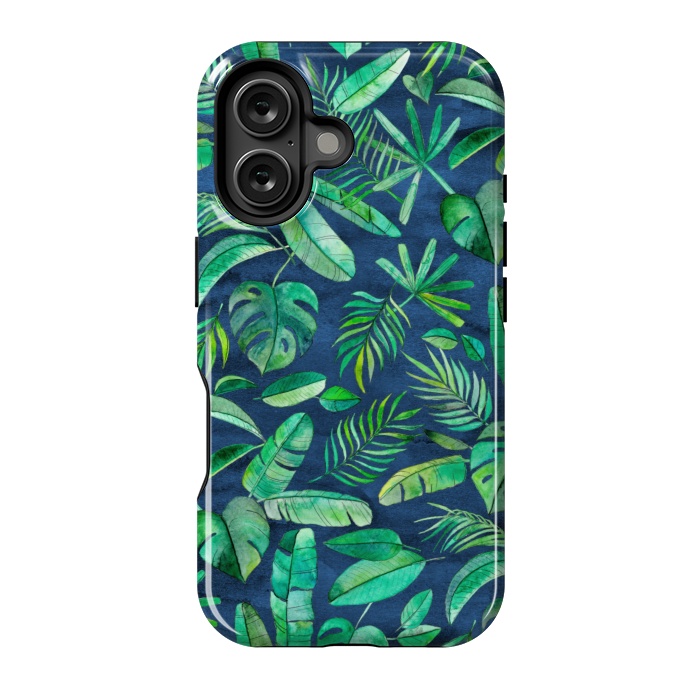 iPhone 16 StrongFit Emerald Tropical Leaf Scatter on textured Navy Blue by Micklyn Le Feuvre