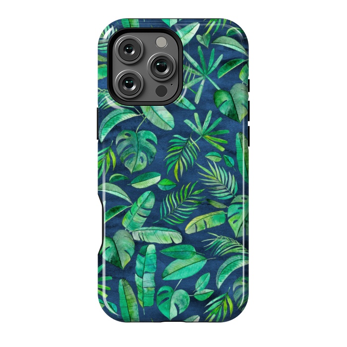 iPhone 16 Pro Max StrongFit Emerald Tropical Leaf Scatter on textured Navy Blue by Micklyn Le Feuvre