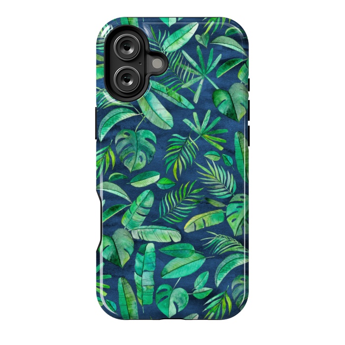 iPhone 16 Plus StrongFit Emerald Tropical Leaf Scatter on textured Navy Blue by Micklyn Le Feuvre