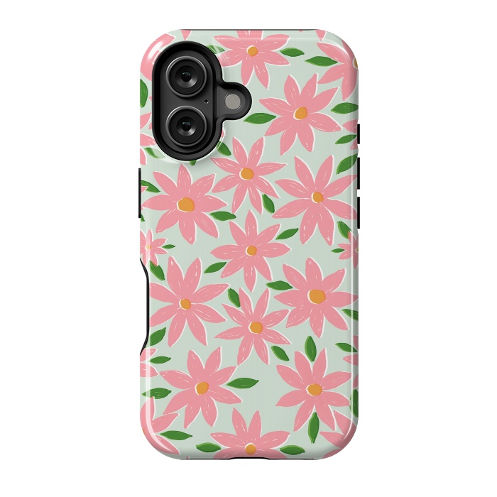 iPhone 16 StrongFit Pretty Hand Paint Pink Daisy Flowers Mint Design by InovArts