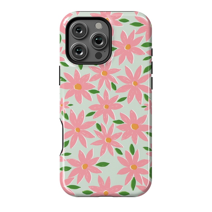 iPhone 16 Pro Max StrongFit Pretty Hand Paint Pink Daisy Flowers Mint Design by InovArts