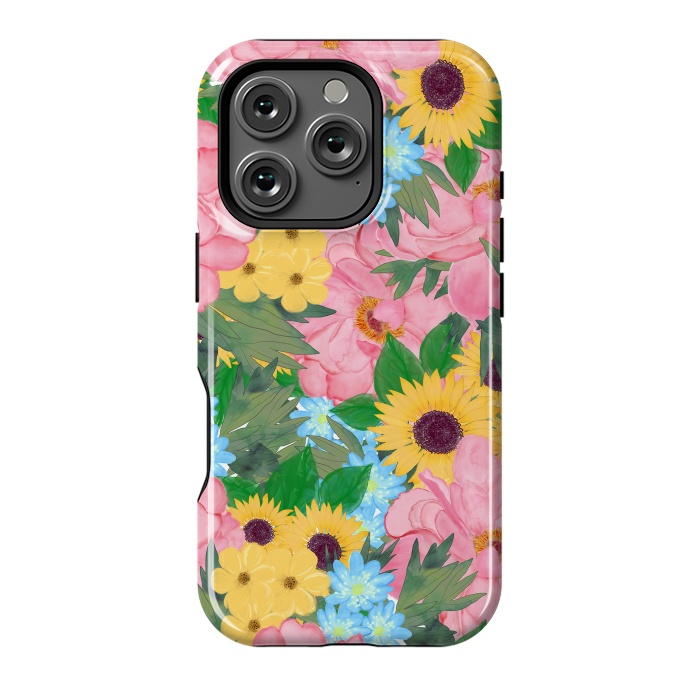 iPhone 16 Pro StrongFit Trendy Pink Peonies Yellow Sunflowers Watercolor paint by InovArts