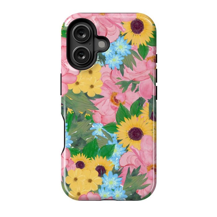 iPhone 16 StrongFit Trendy Pink Peonies Yellow Sunflowers Watercolor paint by InovArts