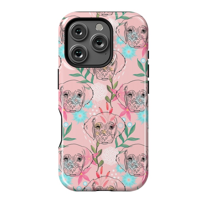 iPhone 16 Pro StrongFit Cute Puppy Dog and Flowers Pink Creative Art by InovArts