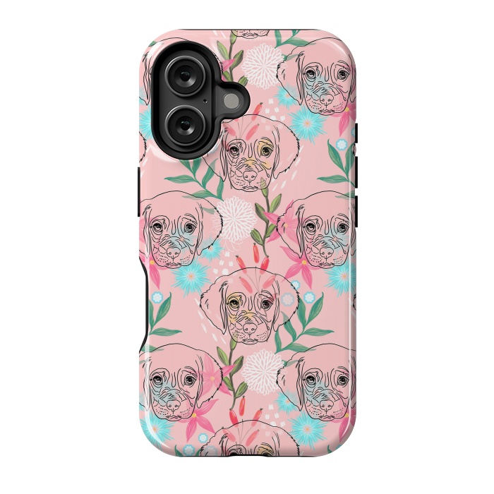 iPhone 16 StrongFit Cute Puppy Dog and Flowers Pink Creative Art by InovArts