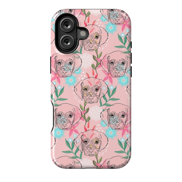 iPhone 16 Plus StrongFit Cute Puppy Dog and Flowers Pink Creative Art by InovArts