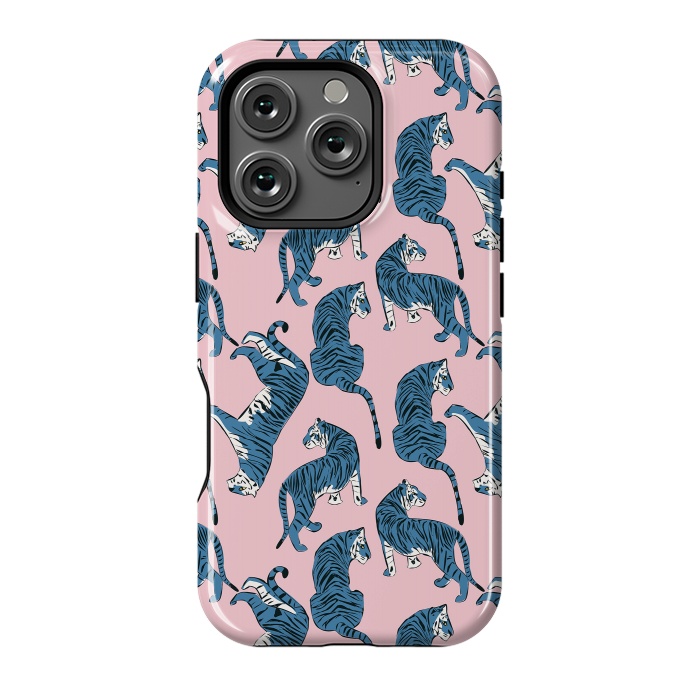 iPhone 16 Pro StrongFit Tiger Pattern, blue&pink, 003 by Jelena Obradovic