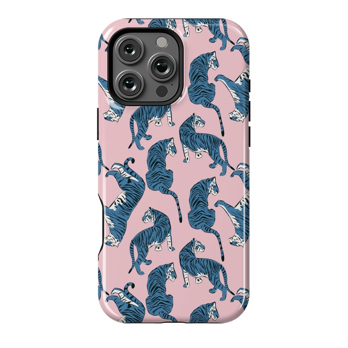 iPhone 16 Pro Max StrongFit Tiger Pattern, blue&pink, 003 by Jelena Obradovic