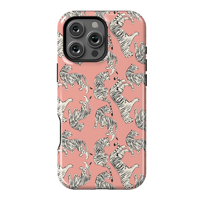 iPhone 16 Pro Max StrongFit Tiger pattern, white on pink, 006 by Jelena Obradovic