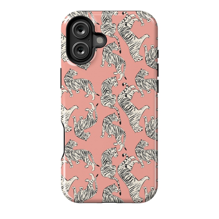 iPhone 16 Plus StrongFit Tiger pattern, white on pink, 006 by Jelena Obradovic