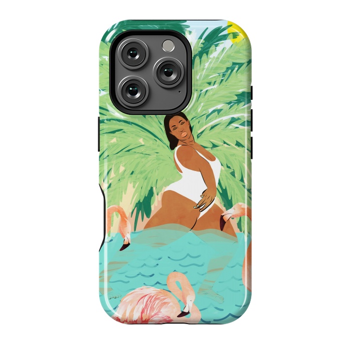 iPhone 16 Pro StrongFit Tropical Summer Water Yoga with Palm & Flamingos | Woman of Color Black Woman Body Positivity by Uma Prabhakar Gokhale