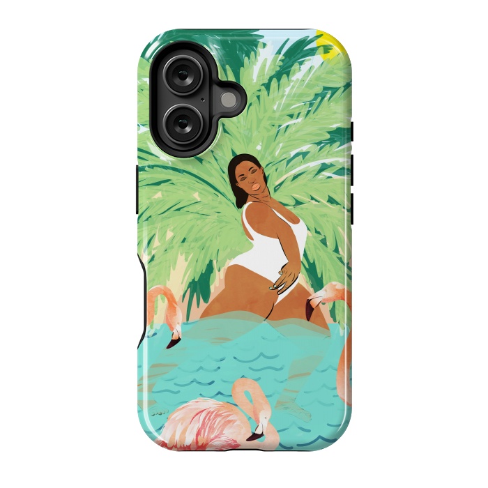 iPhone 16 StrongFit Tropical Summer Water Yoga with Palm & Flamingos | Woman of Color Black Woman Body Positivity by Uma Prabhakar Gokhale