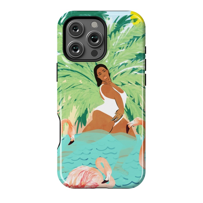 iPhone 16 Pro Max StrongFit Tropical Summer Water Yoga with Palm & Flamingos | Woman of Color Black Woman Body Positivity by Uma Prabhakar Gokhale