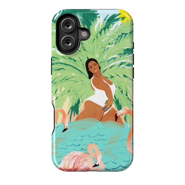 iPhone 16 Plus StrongFit Tropical Summer Water Yoga with Palm & Flamingos | Woman of Color Black Woman Body Positivity by Uma Prabhakar Gokhale