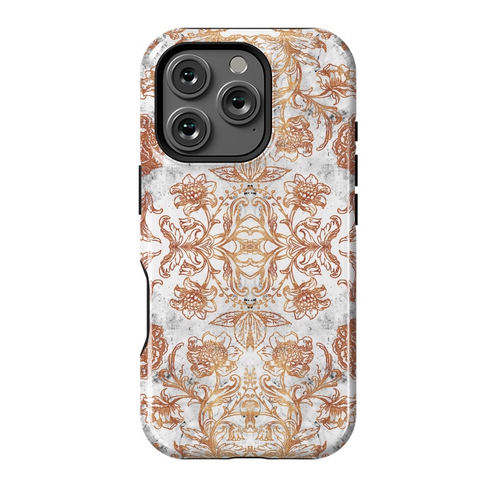 iPhone 16 Pro StrongFit Elegant golden line art flowers on white marble by Oana 