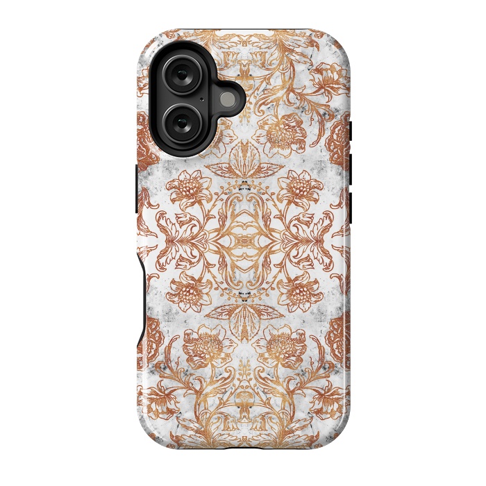 iPhone 16 StrongFit Elegant golden line art flowers on white marble by Oana 