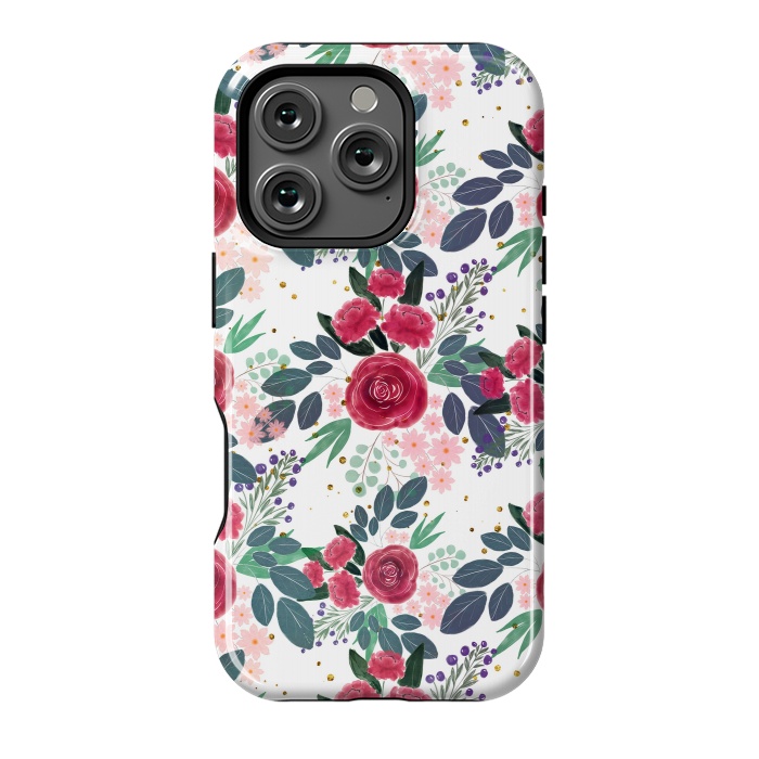 iPhone 16 Pro StrongFit Cute Rose Pink Peonies Watercolor Paint Gold Dots Design by InovArts