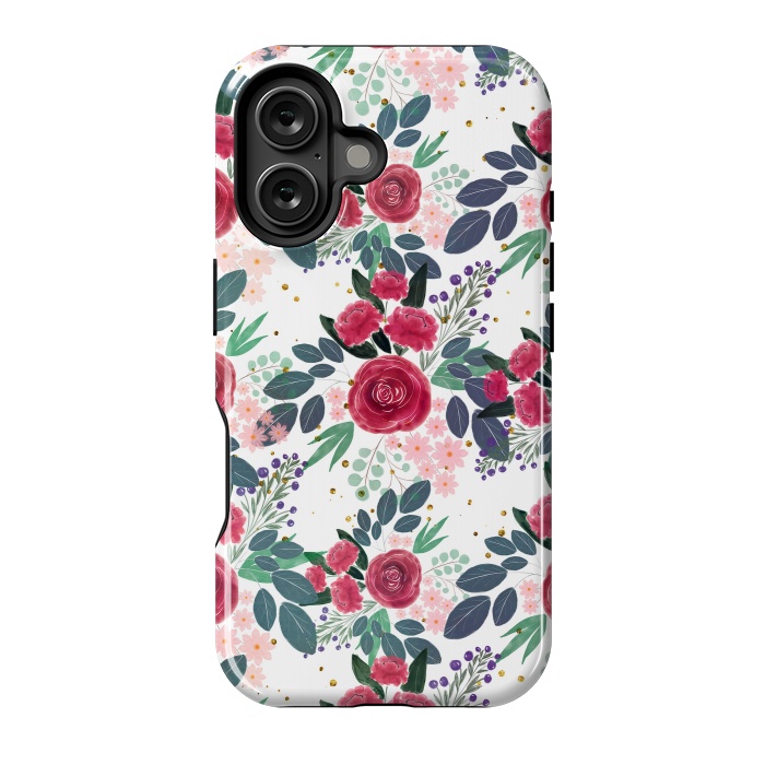 iPhone 16 StrongFit Cute Rose Pink Peonies Watercolor Paint Gold Dots Design by InovArts