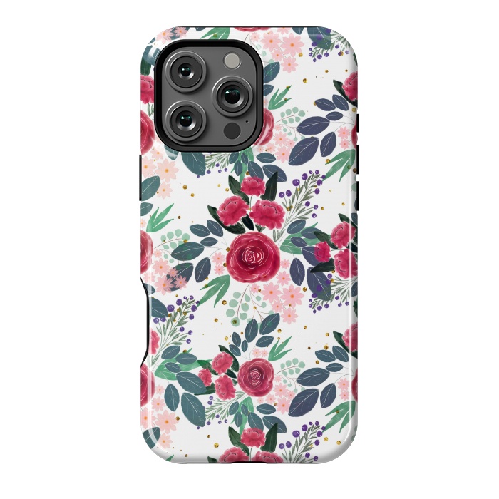 iPhone 16 Pro Max StrongFit Cute Rose Pink Peonies Watercolor Paint Gold Dots Design by InovArts