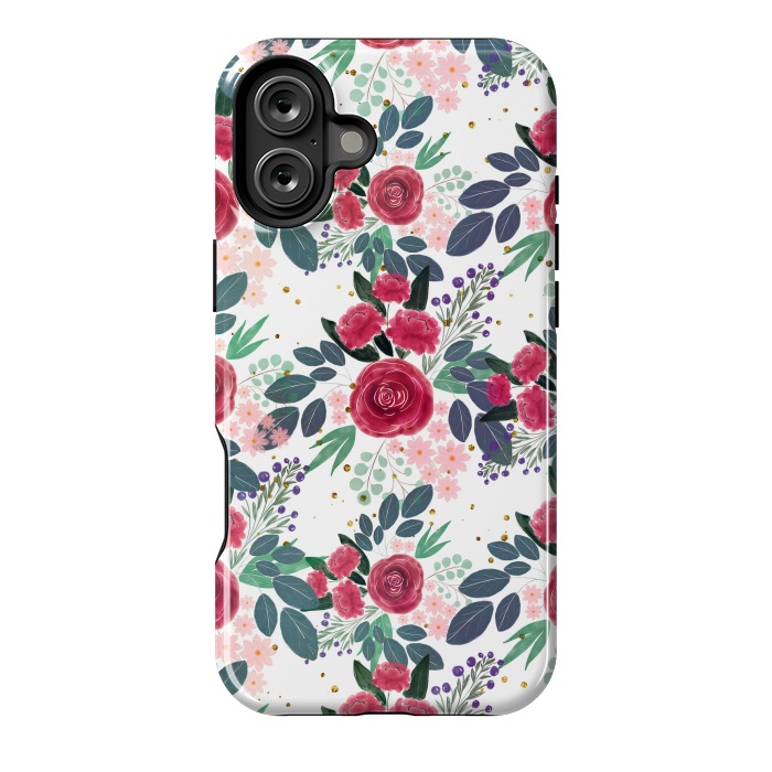 iPhone 16 Plus StrongFit Cute Rose Pink Peonies Watercolor Paint Gold Dots Design by InovArts