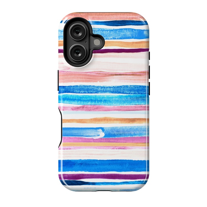 iPhone 16 StrongFit Pastel Pink, Plum and Cobalt Blue Gouache Stripes by Micklyn Le Feuvre