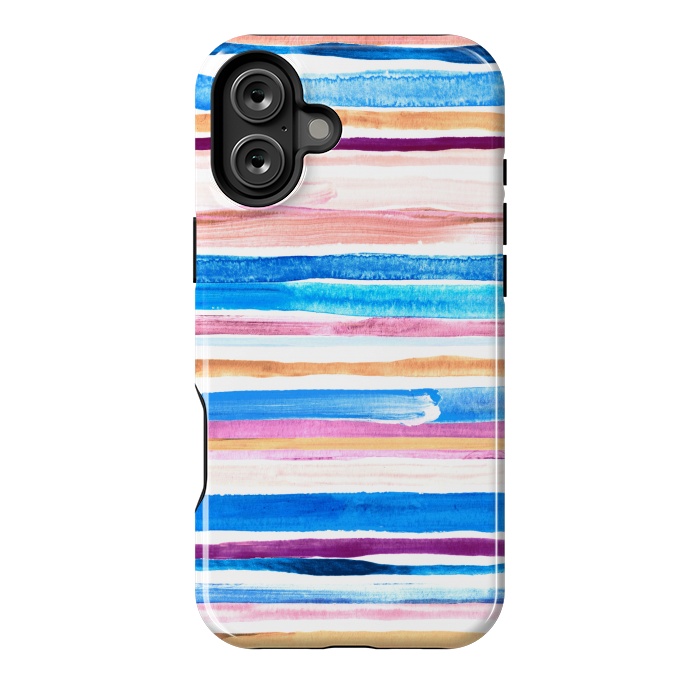 iPhone 16 Plus StrongFit Pastel Pink, Plum and Cobalt Blue Gouache Stripes by Micklyn Le Feuvre